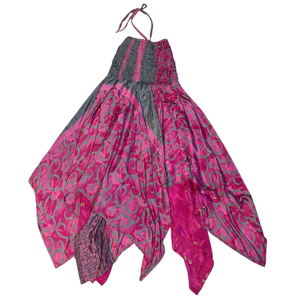 Vintage Asymmetrical Silk Dress Pink Mixed Prints Smocked Bust Womens Small - Picture 6 of 8